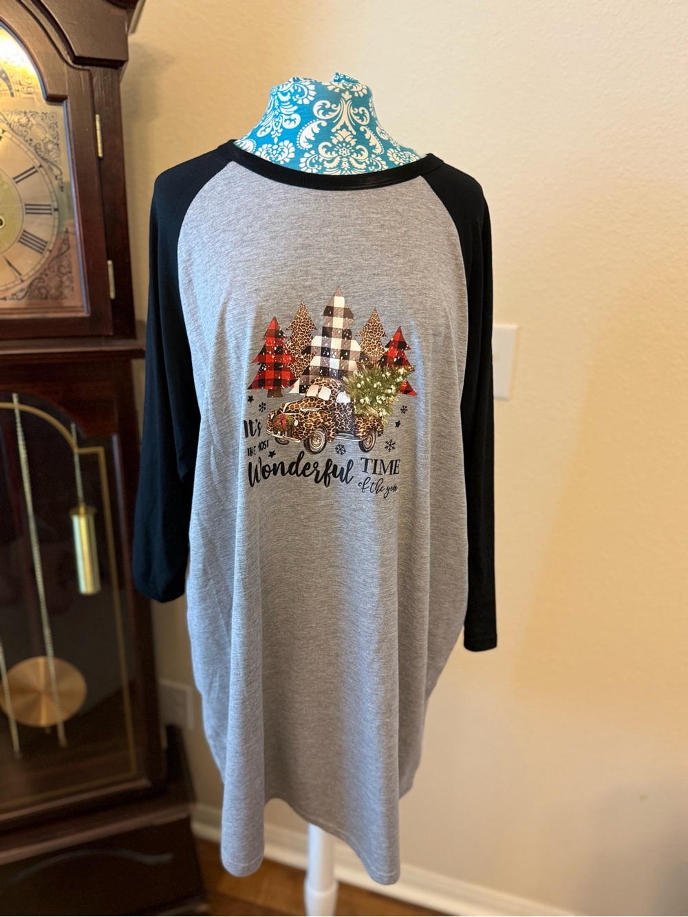 Women's Gray and Black Raglan Long Sleeve Tee with Holiday Truck Graphic